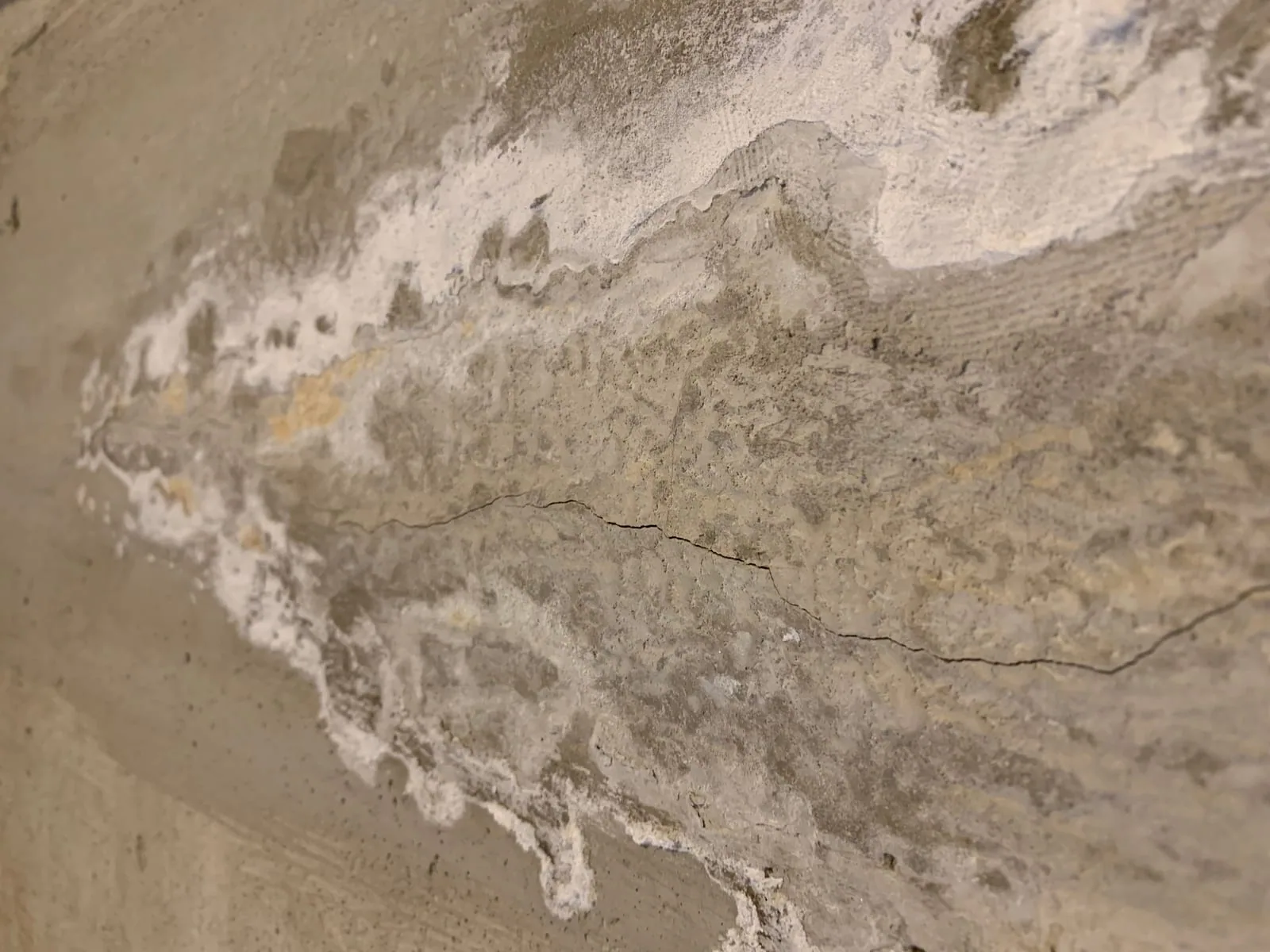 White efflorescence salt deposits on a basement wall indicating active water infiltration