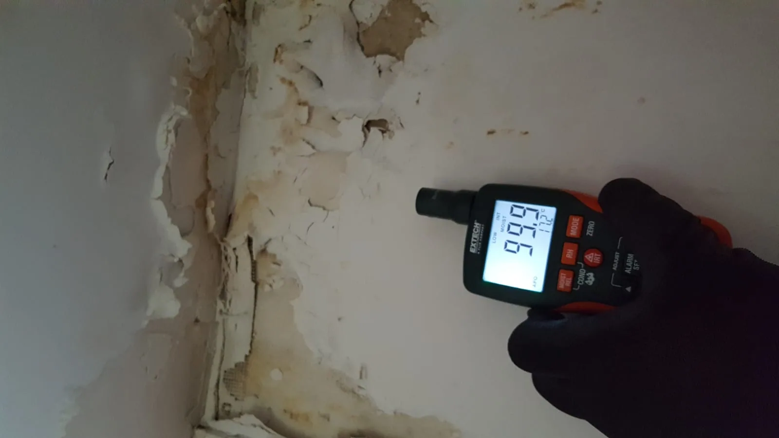Moisture detection during a basement waterproofing inspection by a 911 Storm technician