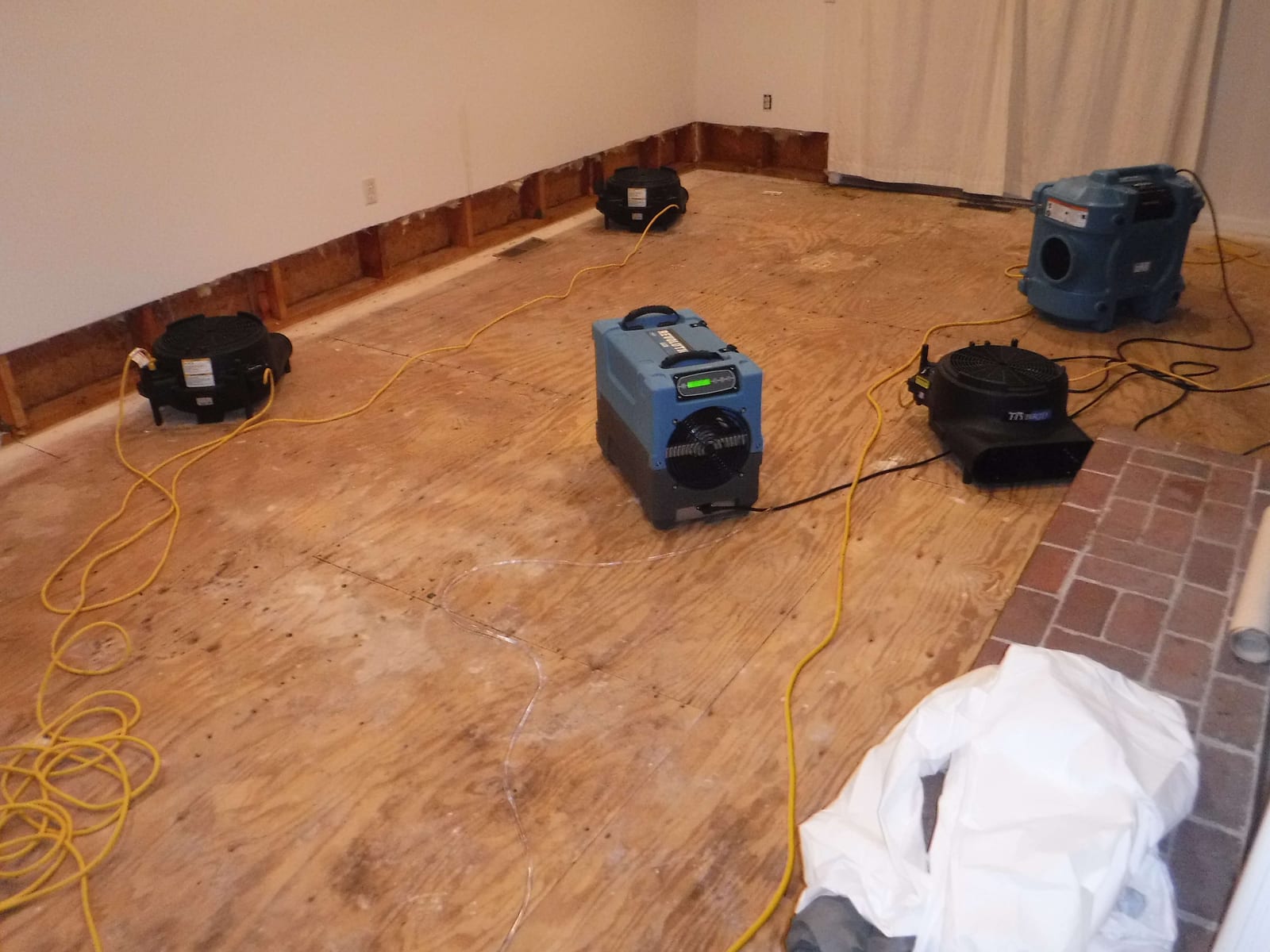 Multi-unit drying setup with axial air movers and LGR dehumidifier on plywood subfloor