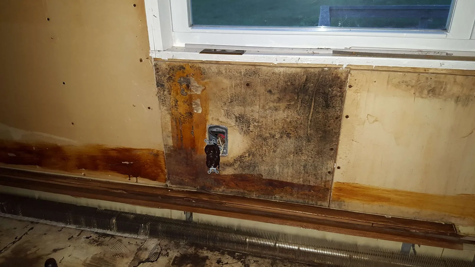 Water-damaged plywood sheathing exposed after drywall demolition around window